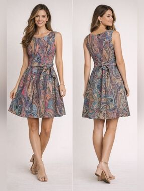 Tommy Hilfiger Paisley Fit & Flare Dress Size 6 Multicolor Belted Sleeveless Lin